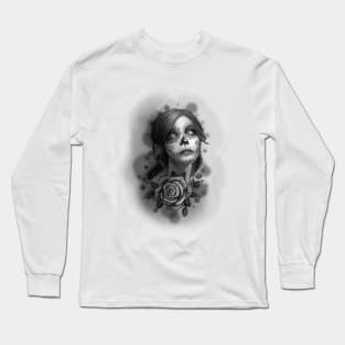 Day of the Dead Girl Black and White Pencil Sketch Long Sleeve T-Shirt